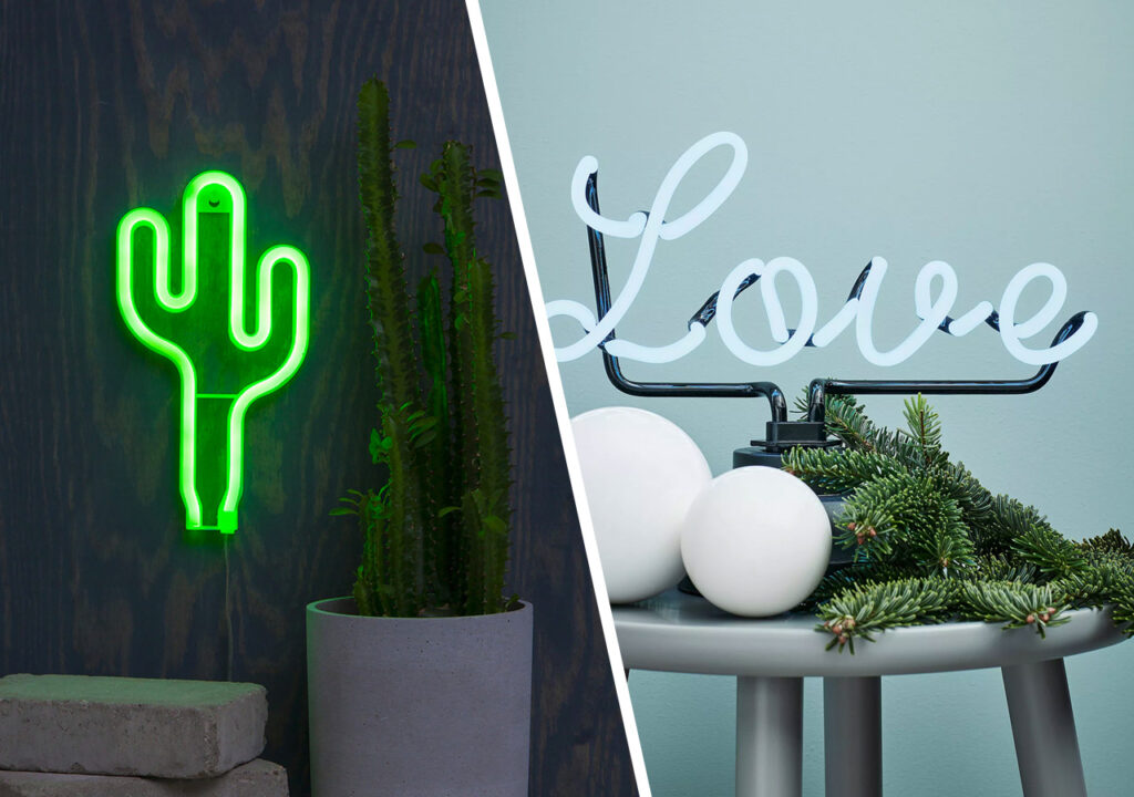 Neonlampa och neonskylt hjarta kaktus vaggtext