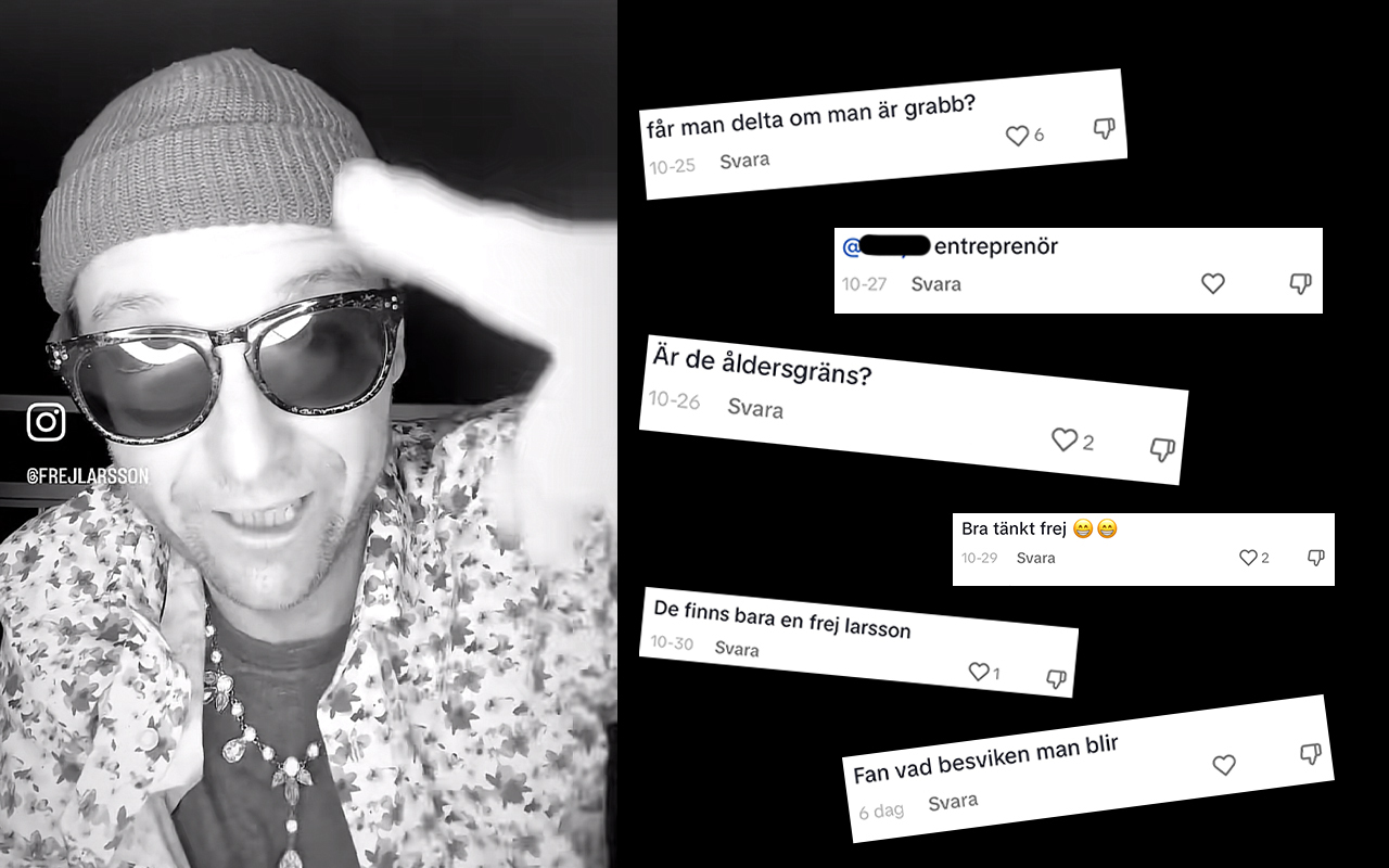 Frej Larsson vill att tjejer ska skicka nudes för att hjälpa Gaza – kallar VeckoRevyn ”horor” när vi frågar om kritiken