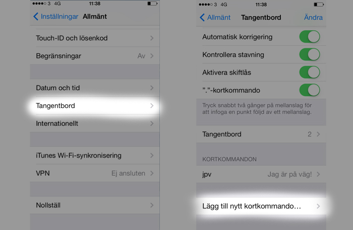 Kortkommando på iphone